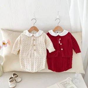 Kleinkind Baby Mädchen Strickjacke Und Trägerromper Zweiteiliges Set Süßes Ausgeschnittenes Langarm Baumwollmischung Outfit Babybekleidung