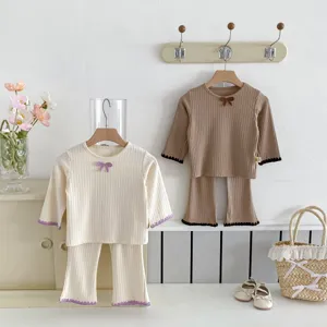 Infant baby girl ribbed knit top and flare pants set, cute bow detail, casual daily wear