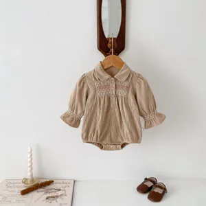 Details of baby corduroy baby romper with cute embroidery and collar for spring and autumn.