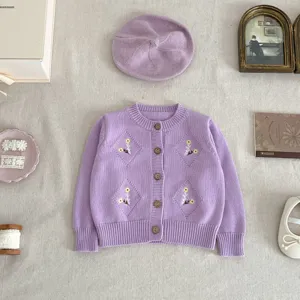 Charming baby girl knit cardigan and matching beret set, cozy long sleeve autumn top