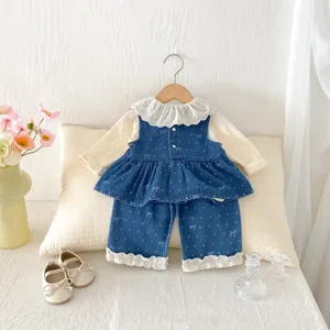 Süßes Kleinkind Baby Mädchen Herbst Zweiteiler Set langarm Hemd Jeans Weste Stile