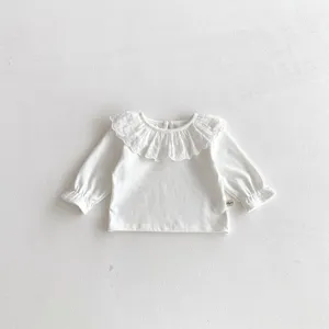White baby toddler girl long sleeve top with delicate lace ruffle collar knit shirt