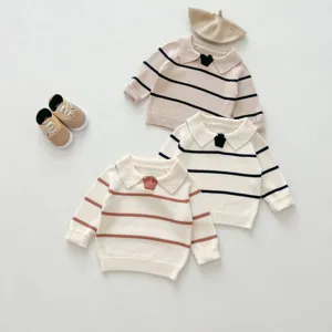 Infant striped knitted sweater set detail, cute lapel pullover tops with baby shoes and beret.