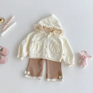 Schattige peuter baby meisje herfst hoodie sweatshirt en geribbelde broek set met kant