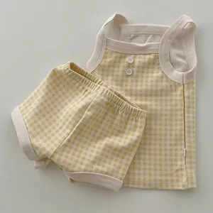 Ensemble débardeur et short en coton pour bébé été mignon vichy jaune vêtements de maison