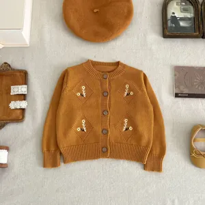 Toddler girls autumn cardigan sweater, caramel knitted long sleeve button-up top.