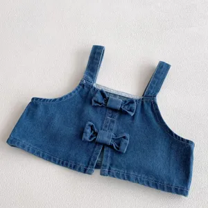 Girls denim camisole vest, cute double bow design, soft fabric, stylish kids spring clothing details