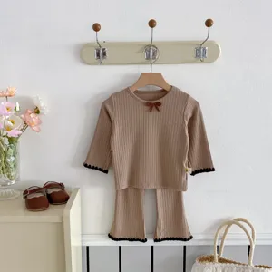 Baby girl ribbed top flare pants set autumn toddler long sleeve two piece outfit neutral style