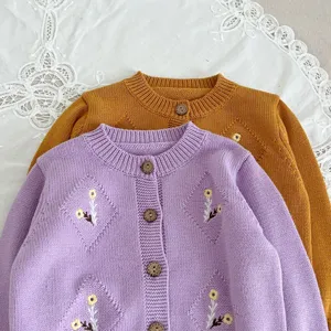 Children knit cardigan detail, cute floral embroidery and wooden buttons, soft texture.