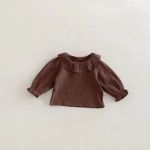 Camicetta a maniche lunghe per bambina con colletto a bambola, polsini con volant, top grazioso.