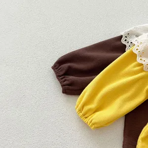 Infant girls waffle knit sleeve detail with cute white lace collar in autumn set.