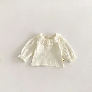 Bambina camicetta maniche lunghe colletto bambola volant cotone garza bimba primavera top bianco