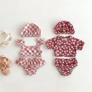 Ensemble de Maillot de Bain Bikini Floral et Carreaux pour Bébé Fille Maillot Trois Pièces avec Chapeau Plage