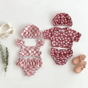 Bébé tout-petit fille maillot de bain deux pièces mignon floral vichy bikini détails bonnet.