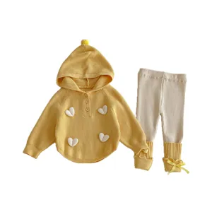 Toddler girls spring knit sweater and leggings set, yellow hooded top with 3D hearts.