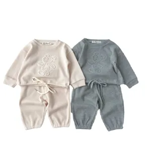 Infant baby waffle knit sweatshirt pants two piece set children casual outfit main view
