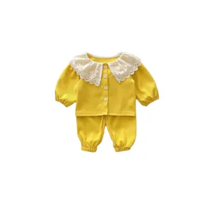 Toddler baby girl waffle knit outfit set with cute lace collar long sleeve top pants