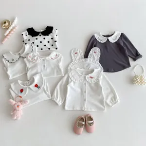 Joli t-shirt en coton à manches longues pour bébé fille col chemise broderie haut automne