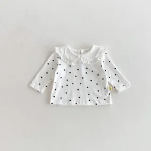 Toddler infant baby polka dot ruffle doll collar long sleeve cotton t-shirt apparel detail view