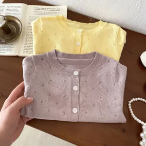 Girls knitted cardigan, summer baby breathable sun protection thin outer coat with cute hollow details.