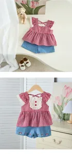 Toddler girls summer outfit set with red plaid fly sleeve doll top and cute denim shorts.