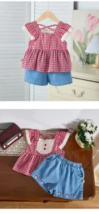 Girls summer plaid doll shirt and denim shorts set with cute fly sleeves and mushroom embroidery.