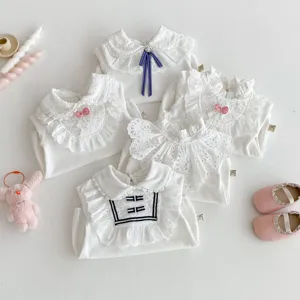 Cute baby girl white lace collar long sleeve shirt, infant toddler cute autumn top clothes.