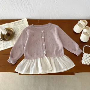 Toddler baby girl knit cardigan with chiffon hem cute spring autumn long sleeve sweater