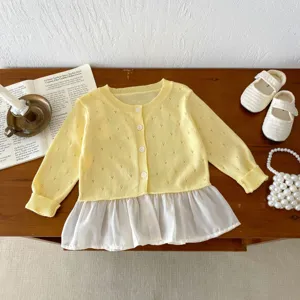 Toddler baby girls yellow knit cardigan white chiffon hem summer sun protection coat