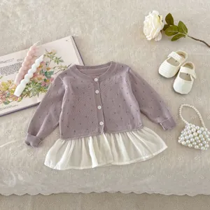 Details of toddler girl knit cardigan, sweet purple top with chiffon hem for summer daily wear.