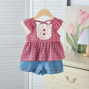 Korean style toddler girl summer outfit, red plaid doll shirt and cute denim shorts set.