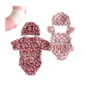 Mignon ensemble de maillot de bain deux pièces marguerite et carreaux avec chapeau
