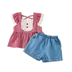 Toddler baby girls summer outfit cute checkered fly sleeve babydoll top and denim shorts set