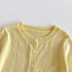 Girls knit cardigan baby summer sun protection thin coat toddler hollow out minimalist yellow top