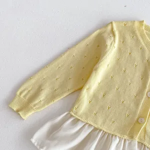 Toddler girls yellow knit cardigan detail, hollow out floral pattern, white chiffon hem, cute.
