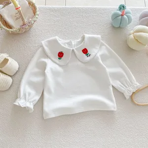 Haut t-shirt manches longues blanc bébé fille avec broderie tulipe rouge et grand col vue