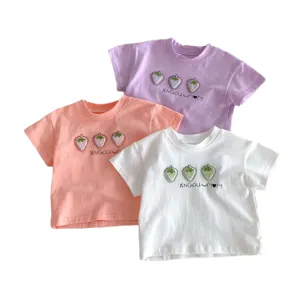 Νήπιο καλοκαίρι βαμβάκι κοντομάνικο t-shirt χαριτωμένο κέντημα φράουλας παιδικό casual top