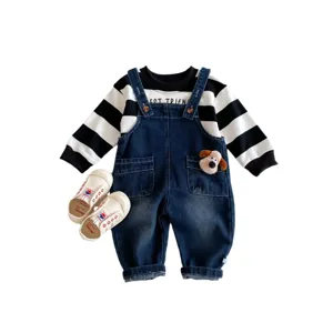 Ensemble de vêtements d'automne pour bébé sweat rayé noir blanc salopette en denim tenue