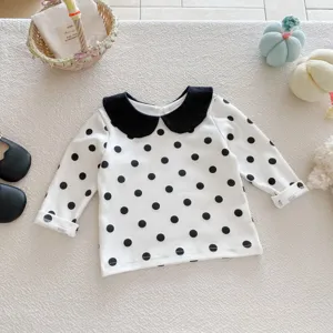 T-shirt manches longues bébé fille, joli col poupée noir avec pois blancs, coton doux.