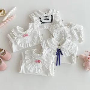 Toddler baby girl white cotton t-shirt cute lace lapel long sleeve blouse autumn children tops