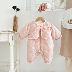 Baby winter padded jumpsuit cute Chinese style pink newborn thick romper with bowknot