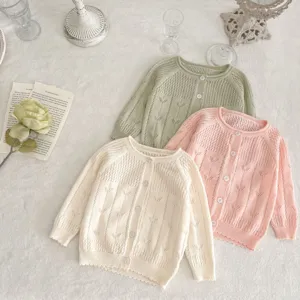 Cardigan en tricot ajouré uni respirant et mignon pour bébés et petites filles