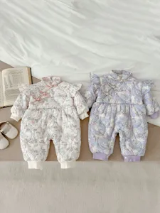 Detailed view of cute baby floral padded jumpsuit with mandarin collar and cozy fleece lining.