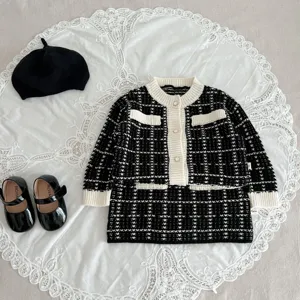 Infant Toddler Girls Knit Cardigan And Skirt Set Black White Contrast Classic Style Outfit Kids Fall Clothes
