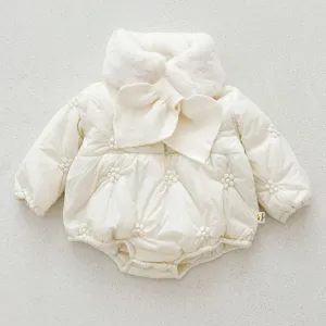 Baby winter padded romper with plush collar and cute bow, cozy off-white infant outfit.