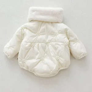 Cute infant baby girl white padded romper detail, cozy plush collar and floral quilted design.