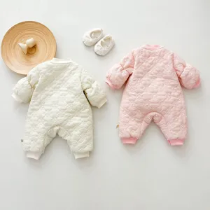 Cute baby winter quilted romper thick warm fleece crawler set with shoes for kids outfit