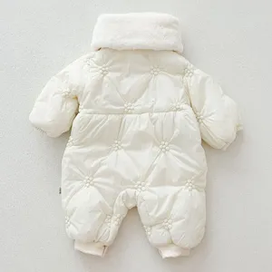 Baby girl white winter padded romper with plush collar and cute floral quilting detail.