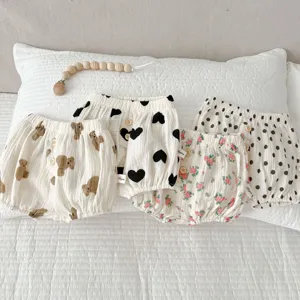 Leuke katoenen pompoen korte broek voor baby peuter met bloemen en beer print set