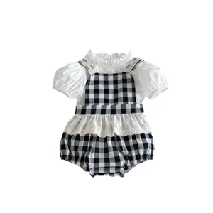 Infant baby girl summer black white plaid romper set cute toddler short sleeve outfit